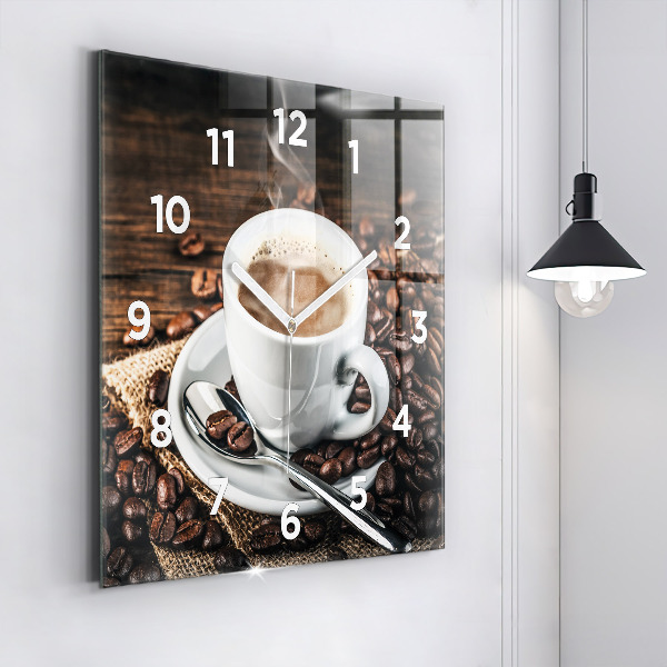 Square glass wall clock Cup and coffee beans