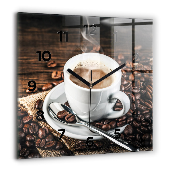 Square glass wall clock Cup and coffee beans