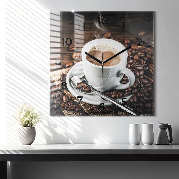 Square glass wall clock Cup and coffee beans