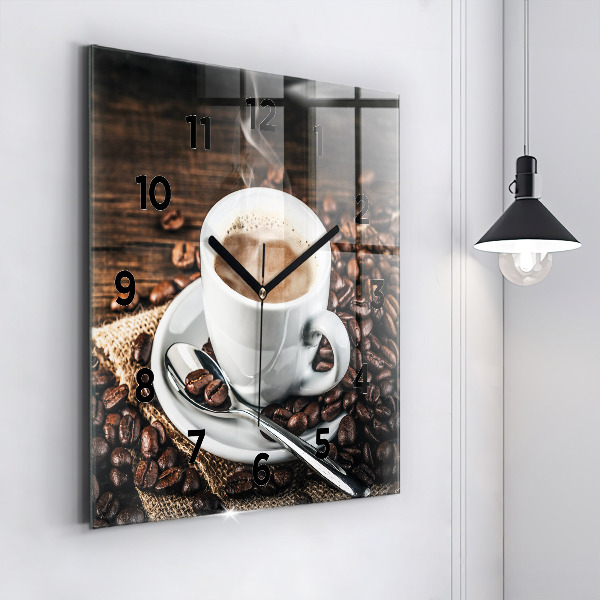 Square glass wall clock Cup and coffee beans
