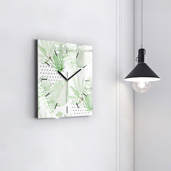 Square glass wall clock Green leaves