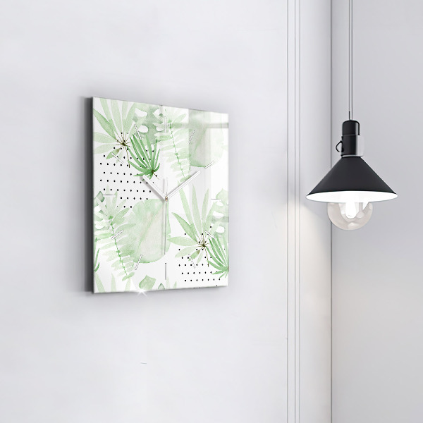 Square glass wall clock Green leaves
