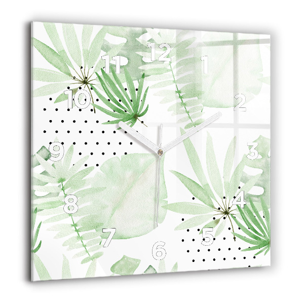 Square glass wall clock Green leaves