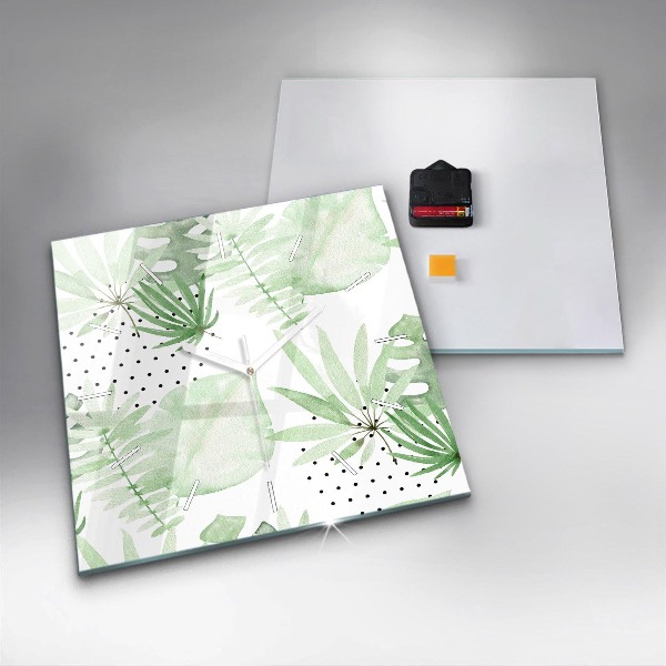 Square glass wall clock Green leaves