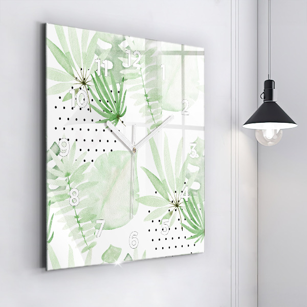 Square glass wall clock Green leaves