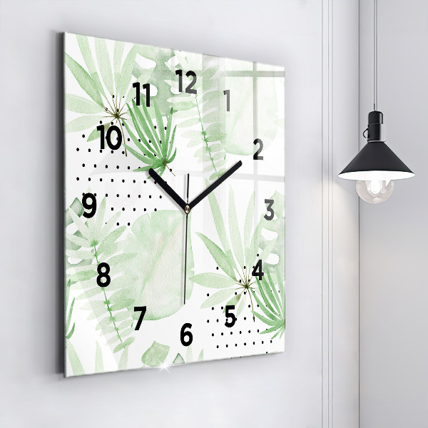 Square glass wall clock Green leaves