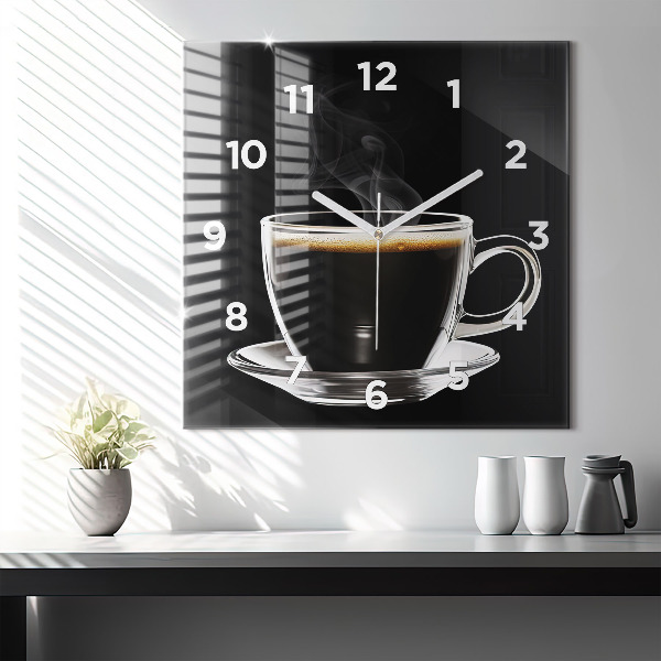 Square glass wall clock Black coffee