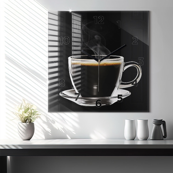 Square glass wall clock Black coffee