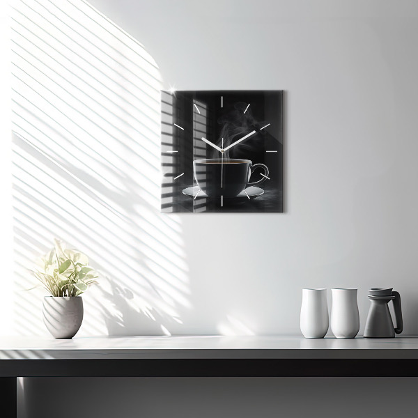 Square glass wall clock A cup of black coffee