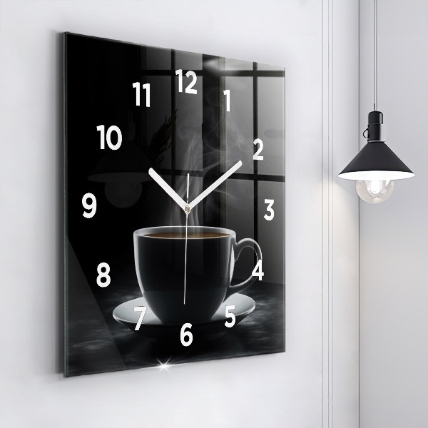 Square glass wall clock A cup of black coffee