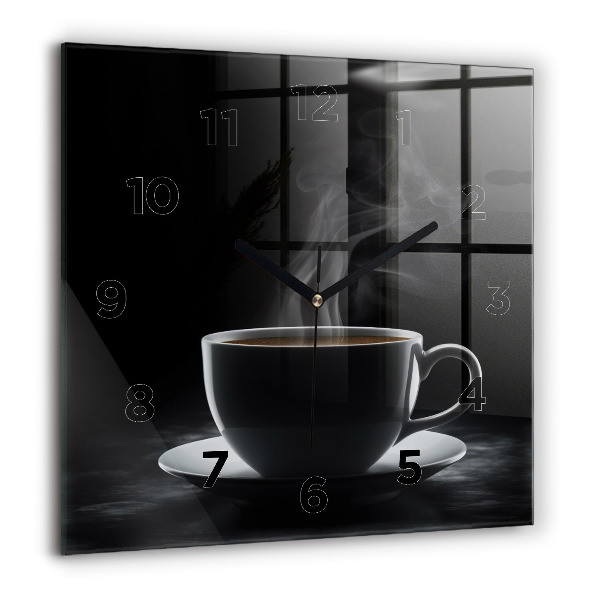Square glass wall clock A cup of black coffee