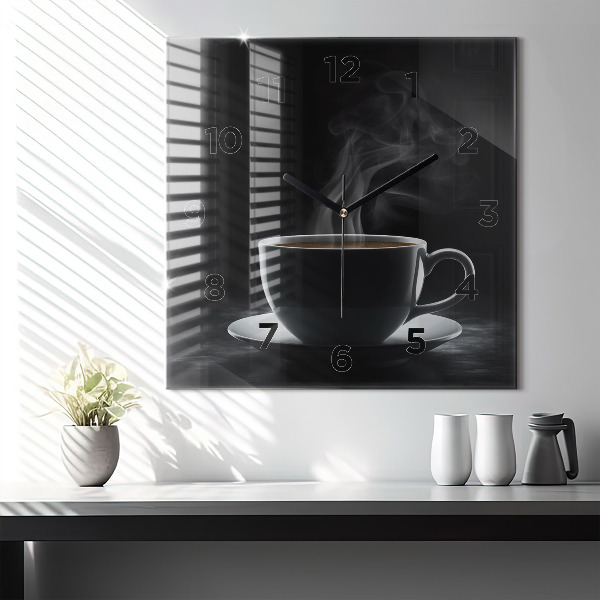 Square glass wall clock A cup of black coffee
