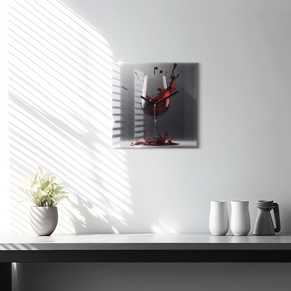 Square glass wall clock A glass of red wine