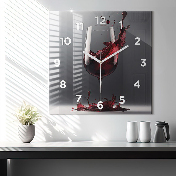 Square glass wall clock A glass of red wine