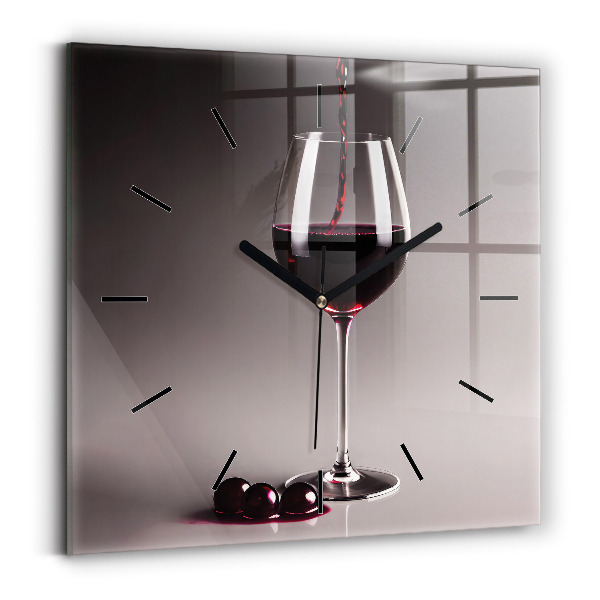 Square glass wall clock A glass of red wine
