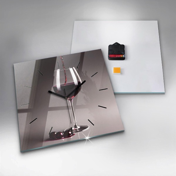 Square glass wall clock A glass of red wine