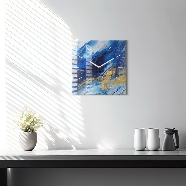 Square glass wall clock Blue marble