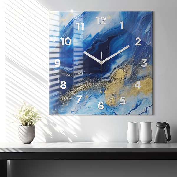 Square glass wall clock Blue marble