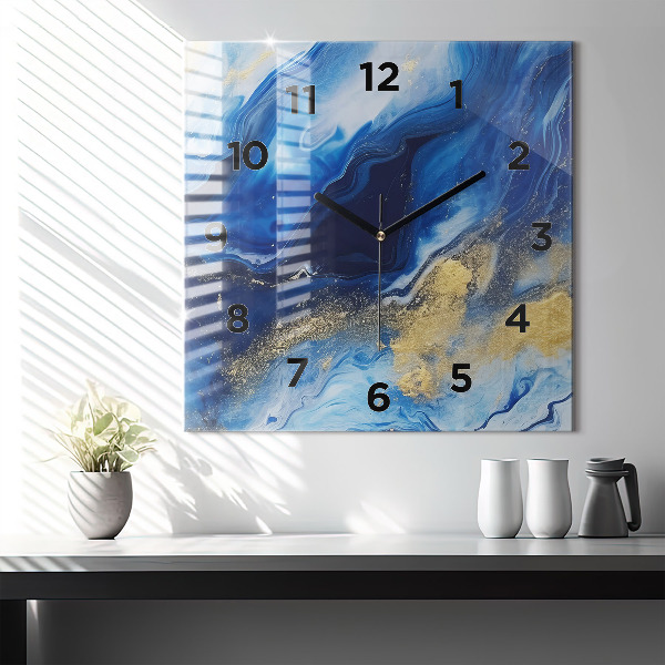 Square glass wall clock Blue marble