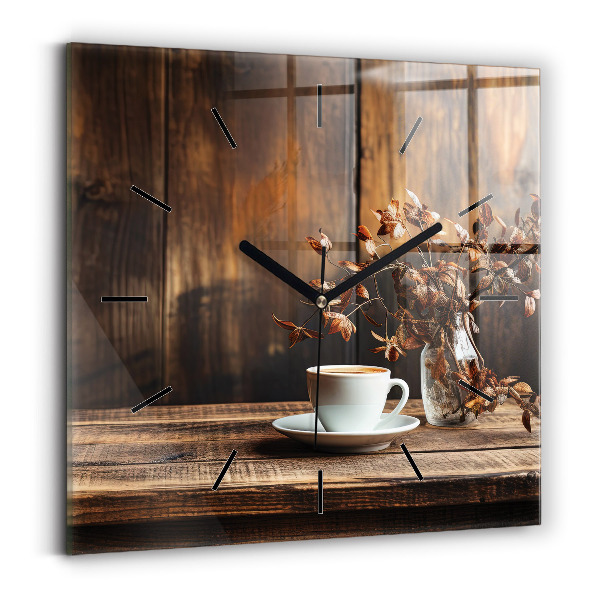 Square glass wall clock A cup of coffee
