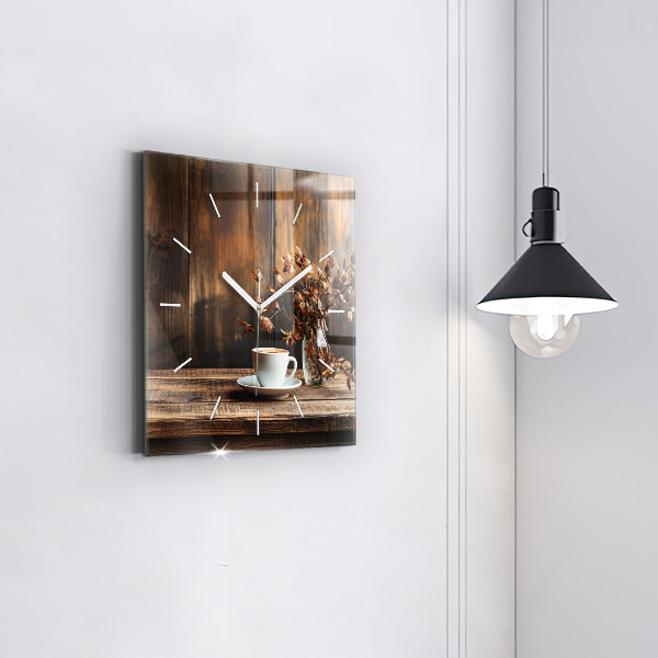 Square glass wall clock A cup of coffee