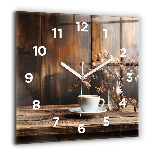 Square glass wall clock A cup of coffee