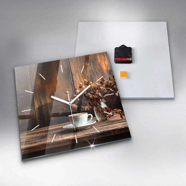 Square glass wall clock A cup of coffee