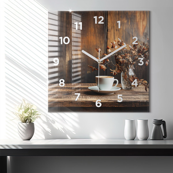 Square glass wall clock A cup of coffee