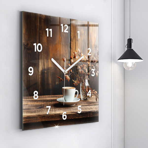 Square glass wall clock A cup of coffee