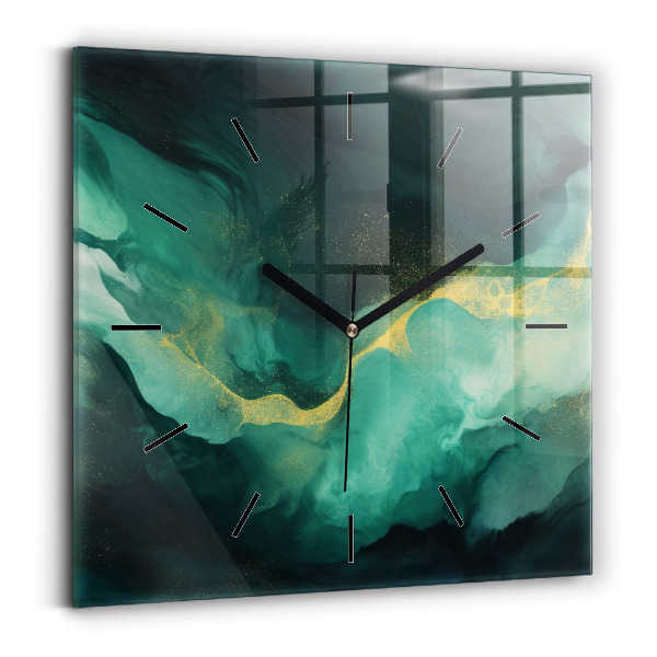 Square glass wall clock Green marble