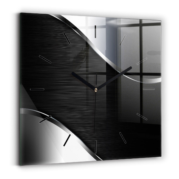 Square glass wall clock Black and silver lines