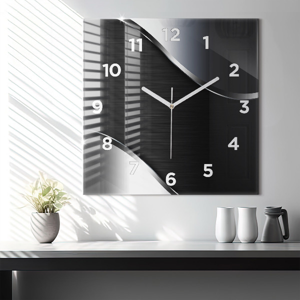 Square glass wall clock Black and silver lines