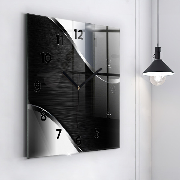 Square glass wall clock Black and silver lines