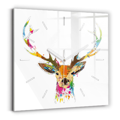 Square glass wall clock Colorful deer head