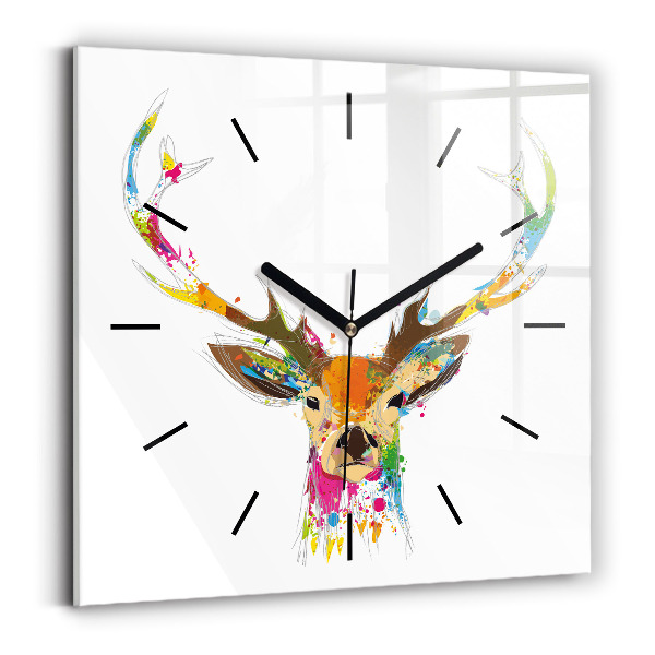 Square glass wall clock Colorful deer head