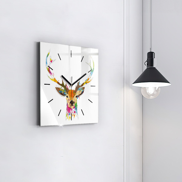 Square glass wall clock Colorful deer head