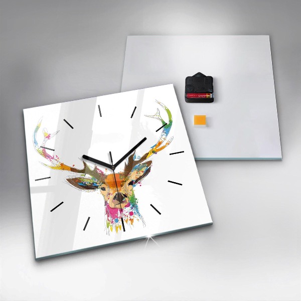 Square glass wall clock Colorful deer head
