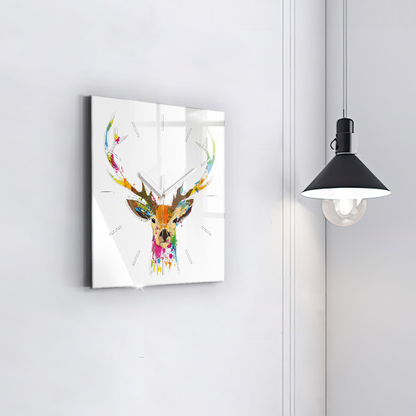 Square glass wall clock Colorful deer head