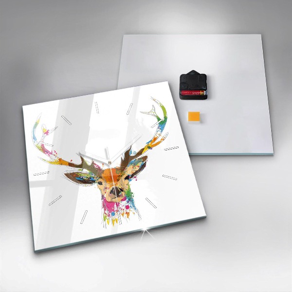 Square glass wall clock Colorful deer head