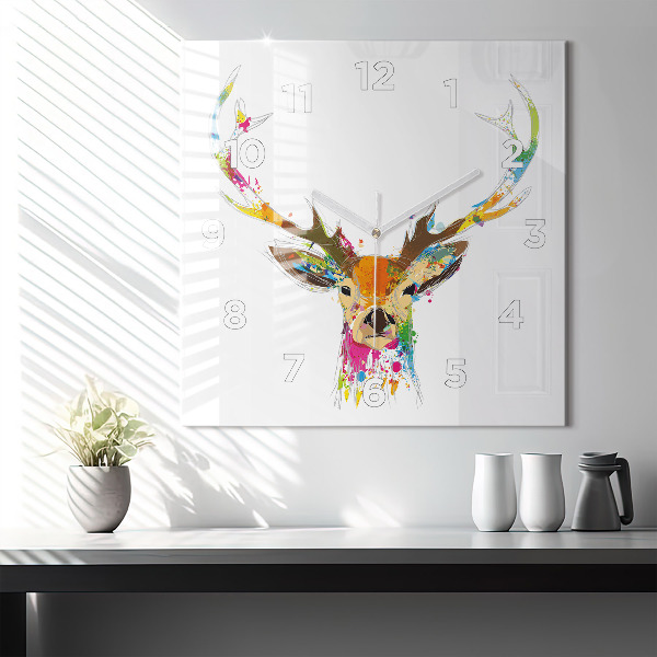 Square glass wall clock Colorful deer head