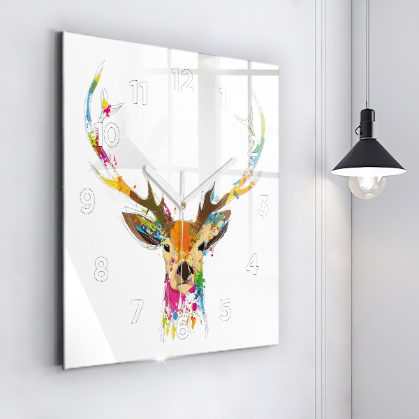 Square glass wall clock Colorful deer head