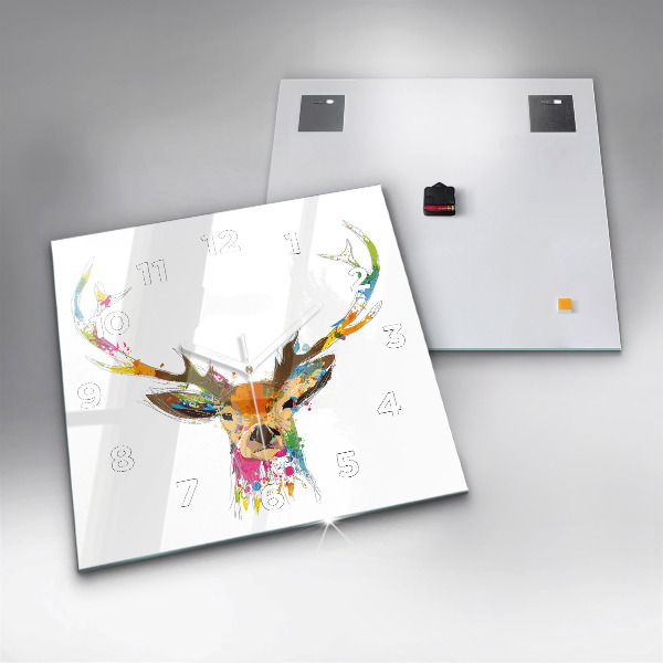 Square glass wall clock Colorful deer head