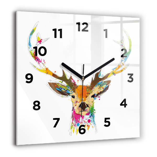Square glass wall clock Colorful deer head