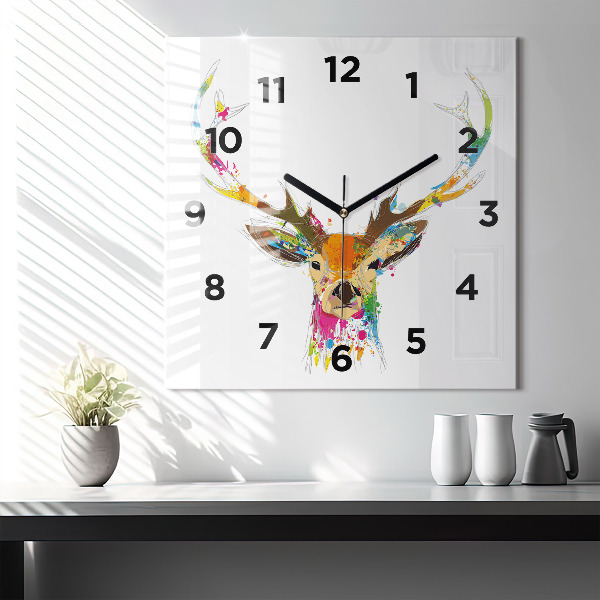 Square glass wall clock Colorful deer head