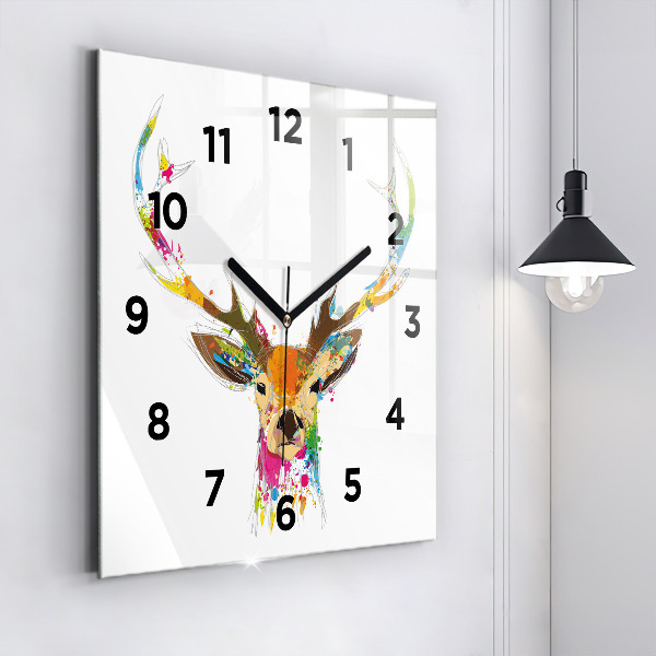 Square glass wall clock Colorful deer head