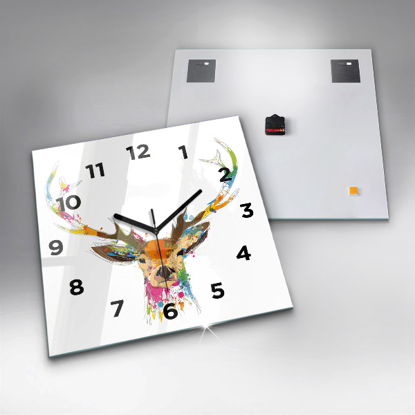 Square glass wall clock Colorful deer head
