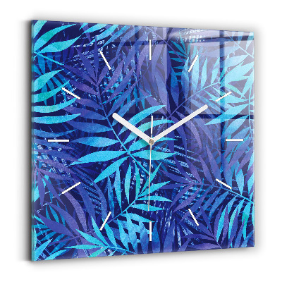 Square glass wall clock Blue leaves