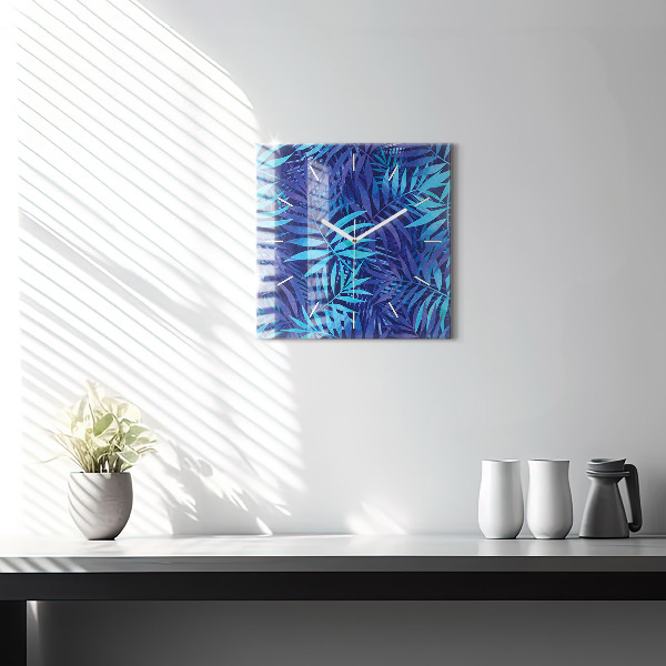 Square glass wall clock Blue leaves