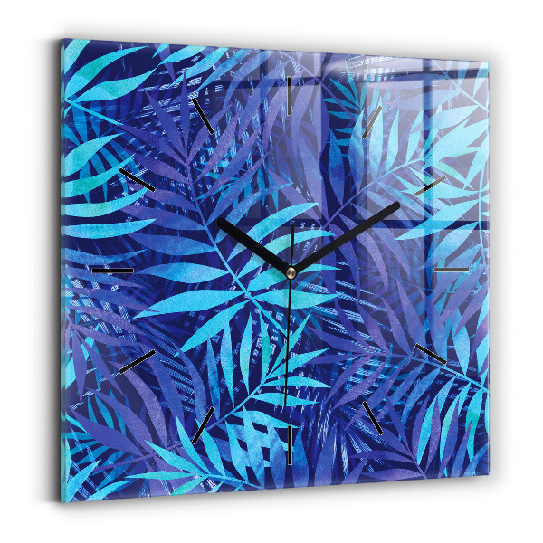 Square glass wall clock Blue leaves