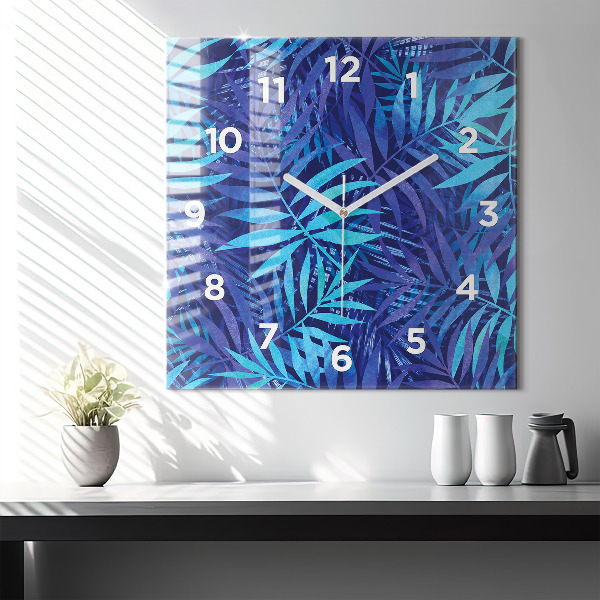 Square glass wall clock Blue leaves